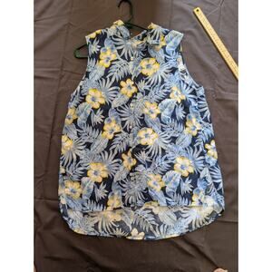 Tommy Bahama Top Blue 100% Linen Floral Tropical Sleeveless Button Up Size L